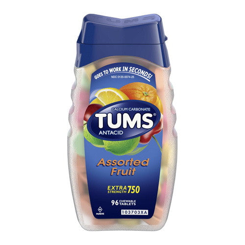 Tums Extra Strength 750 Antacid Chewable Tablets, Assorted Fruit, 96 Ea